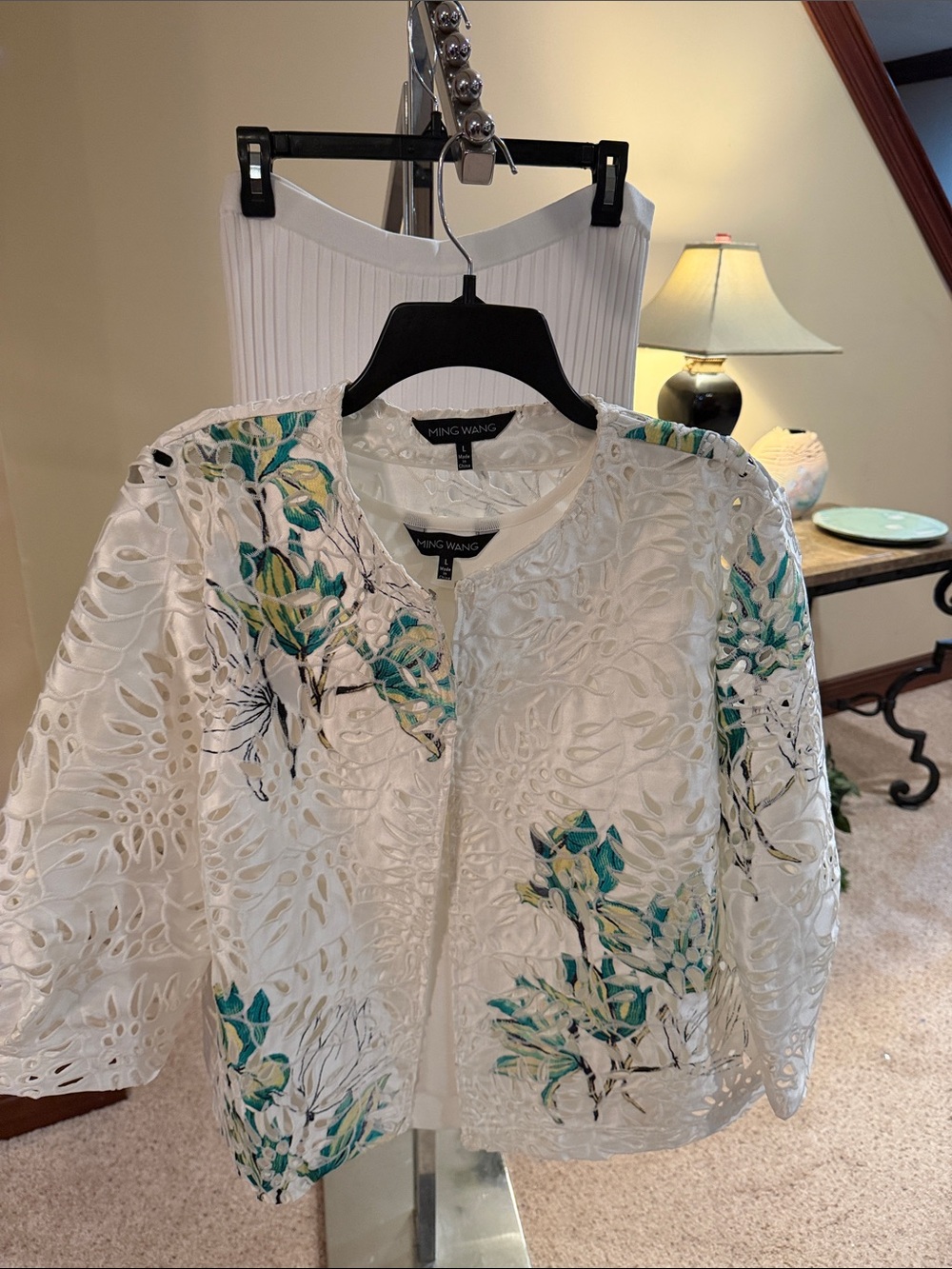 Ming Wang White Eyelet Jacket with Teal and Green Floral Accents. 3 piece suit